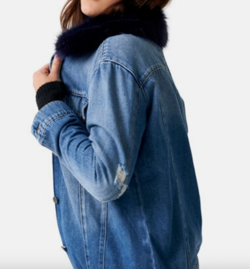 Blue Revival Distressed Denim Faux Fur Collar Trucker Jacket
