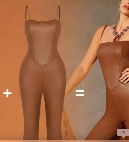 Popilush Shapewear Faux Leather Corset Bodice Slimming Jumpsuit